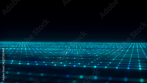 Abstract blue perspective grid. Digital background in retro style. Cyber landscape on dark background. 3d rendering