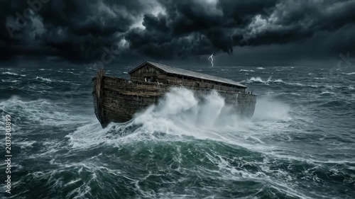 Biblical refuge navigate: Noah's Ark, global deluge, tempest storm, divine salvation, wood vessel, great ocean, dark firmament, heavy tempest, sky lightning, wild wave.