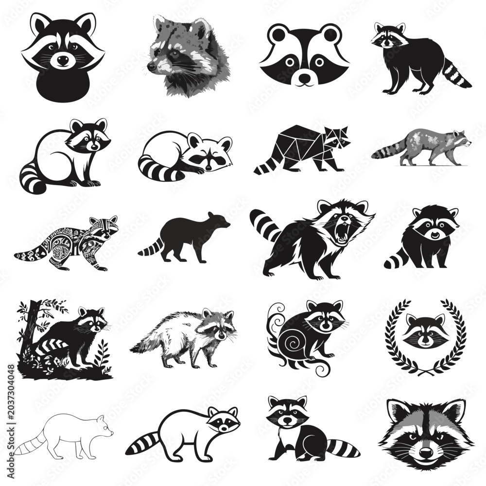 Obraz premium Premium Black and White Raccoon Vector Bundle – Minimal Wildlife Line Art Collection