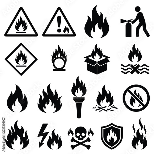 Flame icons and fire symbols.