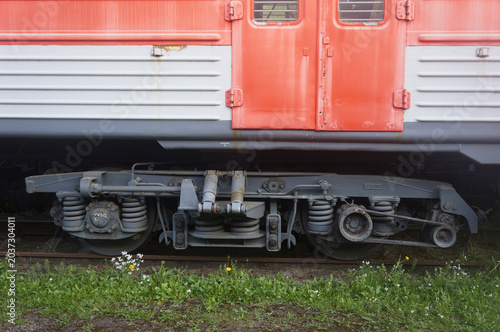 Картината върху платно Side view of a railway train bogie