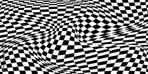 Картината върху платно Dynamic black and white abstract background with a dramatically warped grid pattern, creating a powerful optical illusion effect