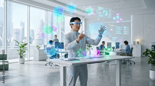 Futuristic office mixed reality asian man hologram data visualization augmented reality virtual interface smart glasses Futuristic office with