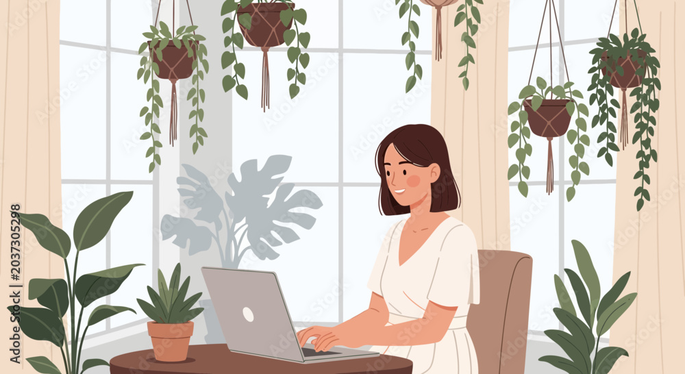 Fototapeta premium Woman Working on Laptop in a Room Filled with Houseplants