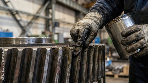 Mechanic hand in Leather Glove applying Grease Lubricant to Large Gear