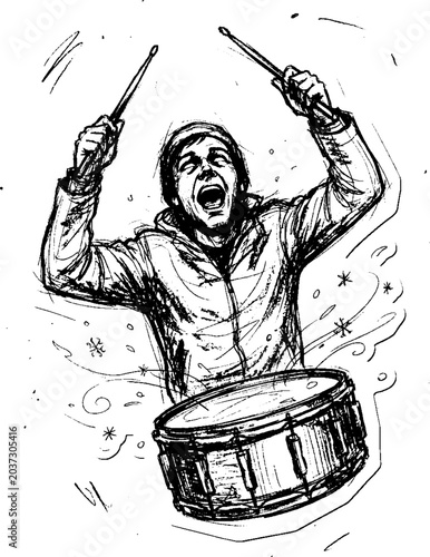 A passionate drummer playing with drumsticks raised, surrounded by snowflakes and musical notes, embodying the lively energy of street musicians at winter market.