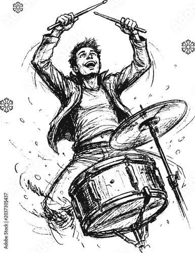 A joyful drummer playing with drumsticks raised high above a drum set and cymbals, surrounded by swirling snowflakes, capturing the excitement of street musicians at winter market.