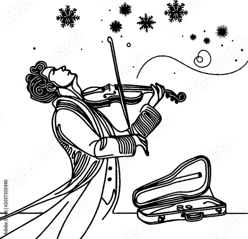 A violinist in an elegant dress plays gracefully, with snowflakes and musical notes floating around, capturing the beauty of street musicians at winter market.