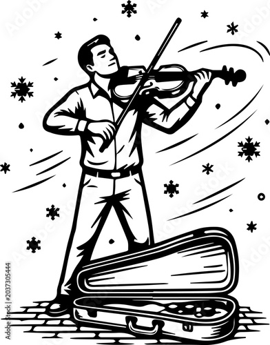 
A violinist in a light shirt plays passionately on a cobblestone street, with snowflakes falling and an open violin case nearby, embodying the charm of street musicians at winter market.


