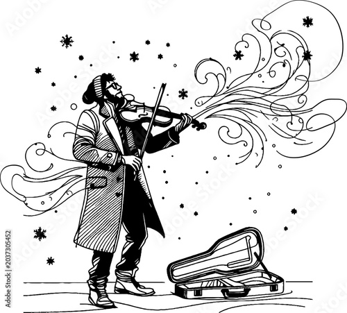 A violinist in a long coat plays passionately, with musical notes and snowflakes swirling around, embodying the magic of street musicians at winter market.