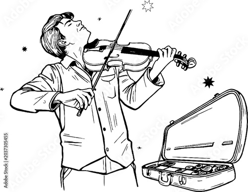Violinist with Snowflakes and Coins):
A violinist in a light shirt plays with an open violin case filled with coins, surrounded by snowflake, capturing the essence of street musicians at winter market