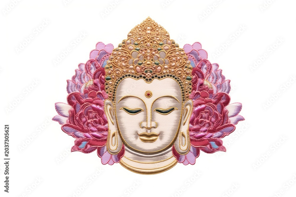 Obraz premium Buddha head in embroidery style art representation spirituality.