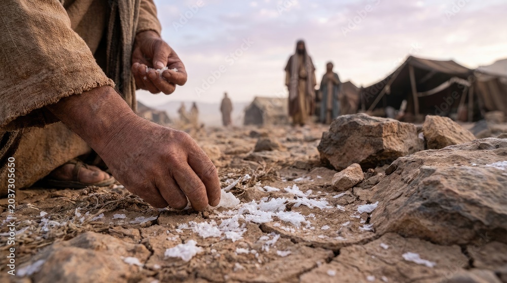 Naklejka premium Desert sustenance miracle: Israelite gather, heaven gift, divine food, God send, wilderness journey, ancient exodus, Bible event, Egypt escape, daily provision, spiritual nourish.
