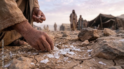 Desert sustenance miracle: Israelite gather, heaven gift, divine food, God send, wilderness journey, ancient exodus, Bible event, Egypt escape, daily provision, spiritual nourish.