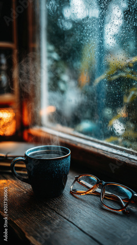 Coffee cup steam window rain cozy glasses warm wooden table autumn mood Steaming coffee cup near rainy window with warm cozy atmosphere