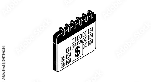 An isometric illustration of a calendar with a dollar sign.