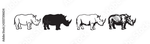 Foto Four rhinoceros icons in various artistic styles: outline, silhouette, line art, and detailed sketch, isolated on white
