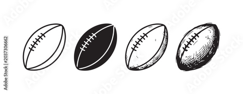 Four rugby ball icons in various artistic styles: outline, silhouette, line art, and detailed sketch, isolated on white.