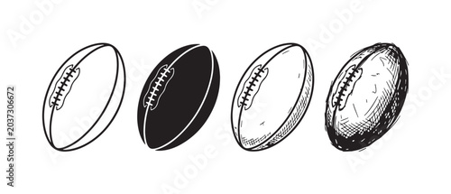 Four rugby ball icons in various artistic styles: outline, silhouette, line art, and detailed sketch, isolated on white.
