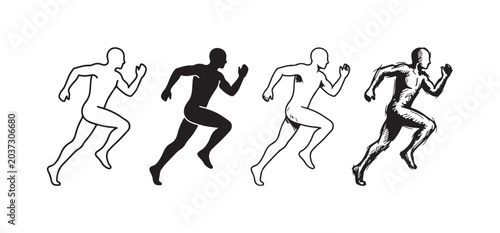 Photos Four detailed running male figures in outline, solid black, and hand-drawn sketch styles, representing athleticism and motion