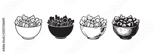 Four fresh salad bowls with lettuce, cucumber, and tomato, displayed in outline, solid, and hand-drawn sketch styles.