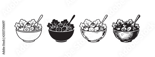 Four salad bowls with a spoon, showing lettuce, cucumber, and tomato, in outline, solid, and hand-drawn sketch styles.