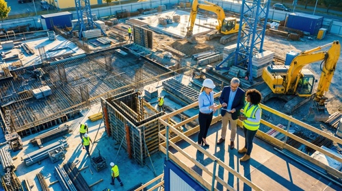 Aerial View Of Urban Construction Site With Engineers, Sustainable Infrastructure Planning