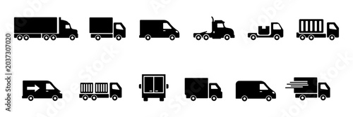 12 Logistics Truck Icons – Delivery Van and Cargo Transport Vector Set