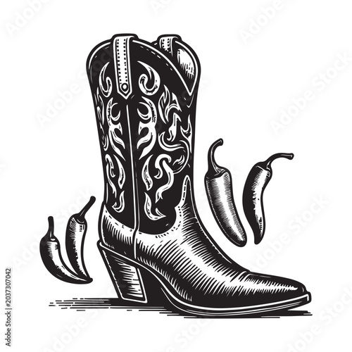 Western cowboy boot with chili peppers isolated on white background