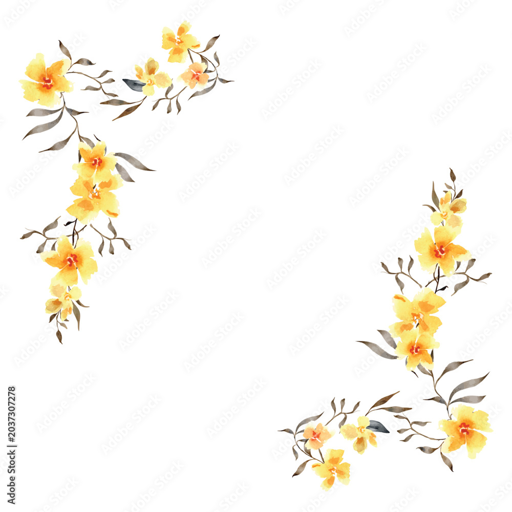 Fototapeta premium Hand-painted watercolor yellow floral corner frame. Delicate botanical design with flowers and leaves on white background.