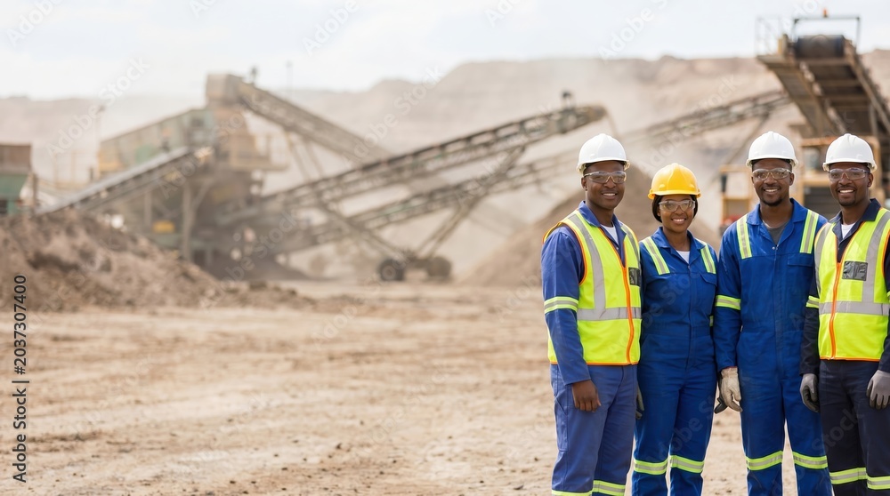 Fototapeta premium Sustainable quarry workforce portrait. Diverse miners in high-vis vests. Responsible extraction.