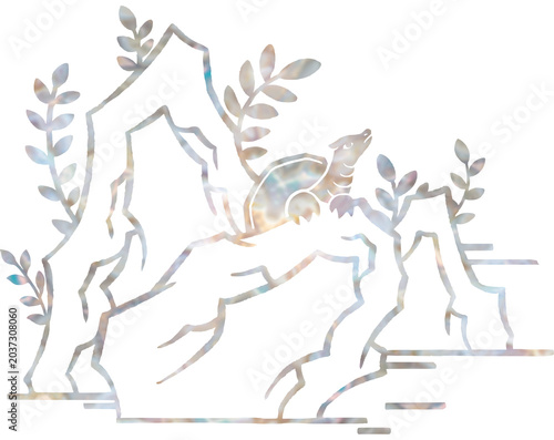 Foto Traditional Korean Najeonchilgi Style Illustration with Dragon Turtle and Rocks