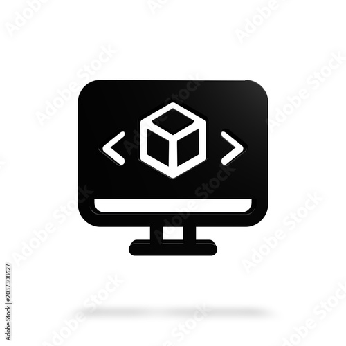 3d icon black cube coding on desktop screen, technology concept, graphic design, digital environment, front view