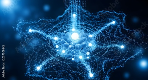 Abstract Quantum Atom Illustration with Blue Glowing Energy Particles