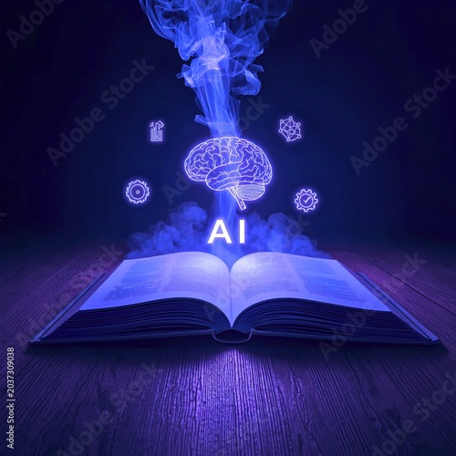 AI brain glowing hologram rising from open book on wood table - Futuristic technology theme - Machine learning concept