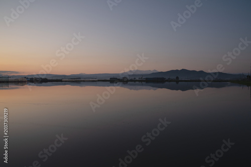 Hokkaido, mountain ridges and mountain range, with rural landscape, in may, natural landscape