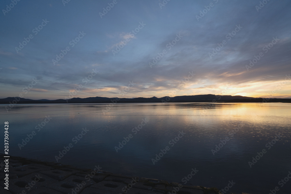 Fototapeta premium Hokkaido, mountain ridges and marsh, with lake, in september, scenery