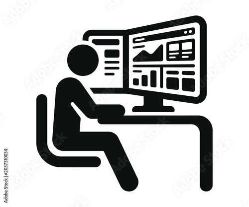Black silhouette of person sitting at desk working on computer with graphs