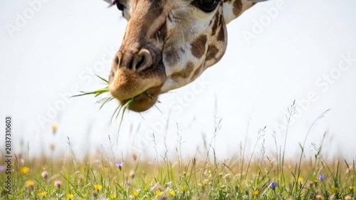 close-up of a giraffe grazing in a wildflower meadow, capturing natural feeding behavior, gentle wildlife interaction, and serene savanna scenery with ample copy space