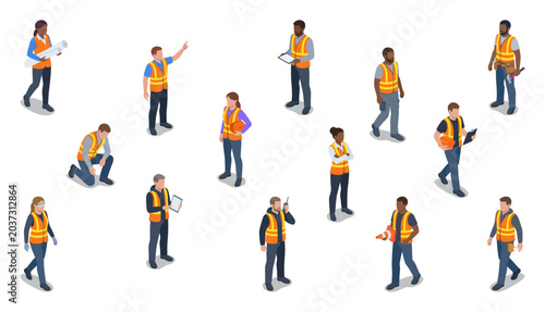 Konstfotografi Isometric construction workers and civil engineers set | Diverse male and female