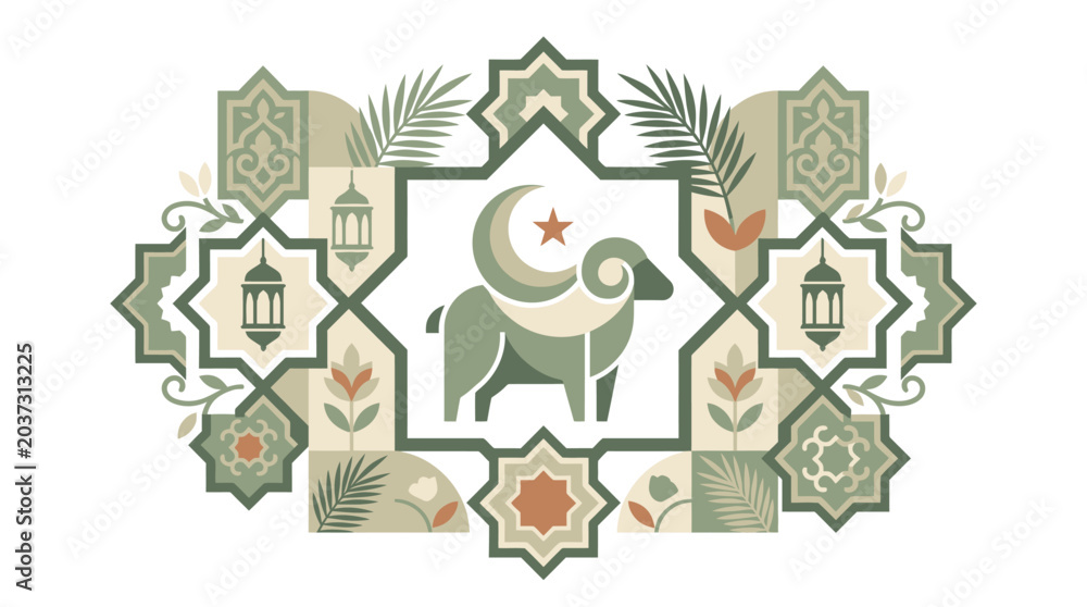 Naklejka premium Ramadan Kareem greeting card illustration with ram, crescent moon, star and Islamic geometric patterns