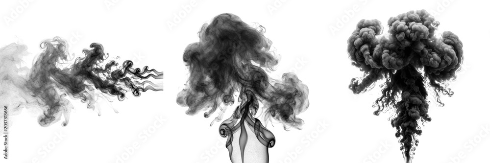 Fototapeta premium Black Smoke and Cloud PNG Cutout Overlay, Dark Smoke Plume and Vapor Isolated on White Background, Realistic Fog and Steam Effect Asset for Dramatic Design, Industrial Pollution Visual, and Fire After