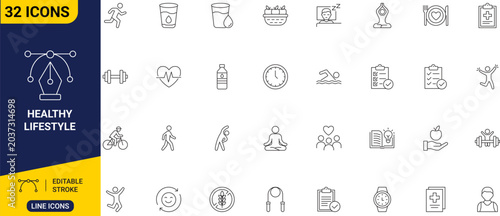 Cuadro en lienzo Healthy lifestyle set icon collection of clean outline symbols representing diet apples, exercise dumbbells, yoga mats, and water bottles