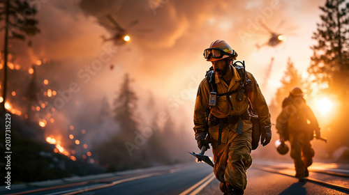 Firefighters in a wildfire suppression team work beside a smoky forest road as a helicopter drops water under an orange emergency sky