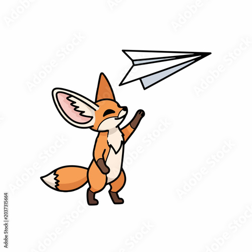 Happy fennec fox launching a paper airplane