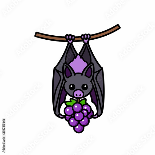 Adorable fruit bat hanging from a branch holding purple grapes