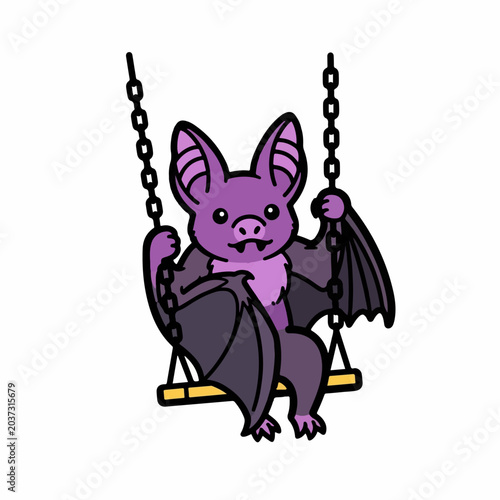 Purple bat sitting on a wooden playground swing