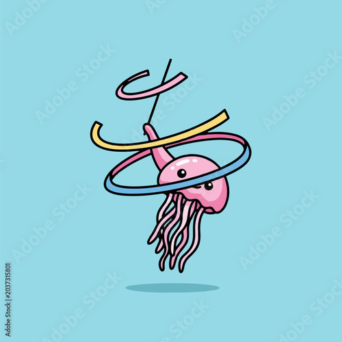 Cute pink jellyfish spinning colorful hoops on a blue background