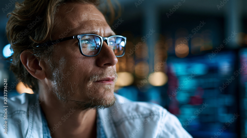 Obraz premium A visionary AI programmer viewed from the side presents softly bright complex code on a calm large screen in a futuristic setting in soft daylight AI programmer