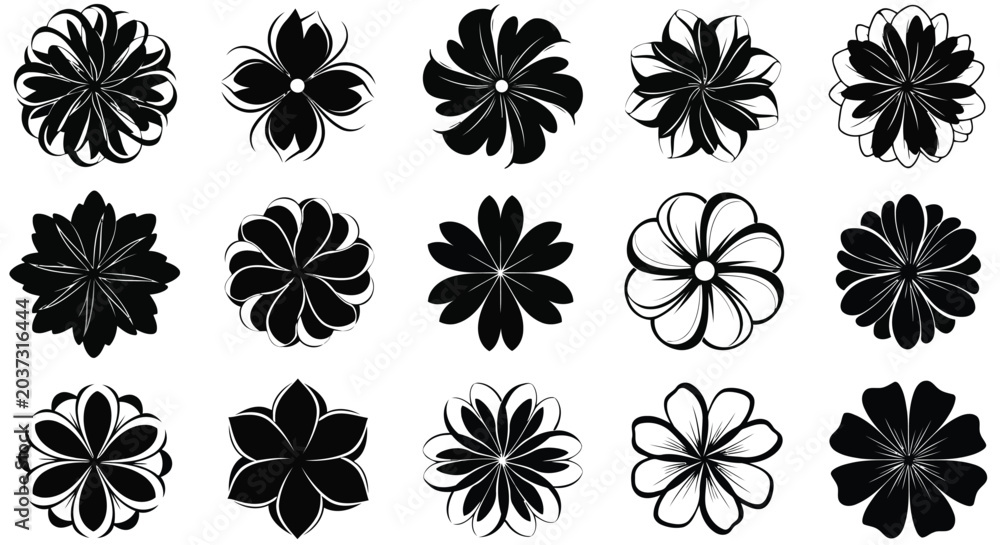 Fototapeta premium Black floral icons on white background